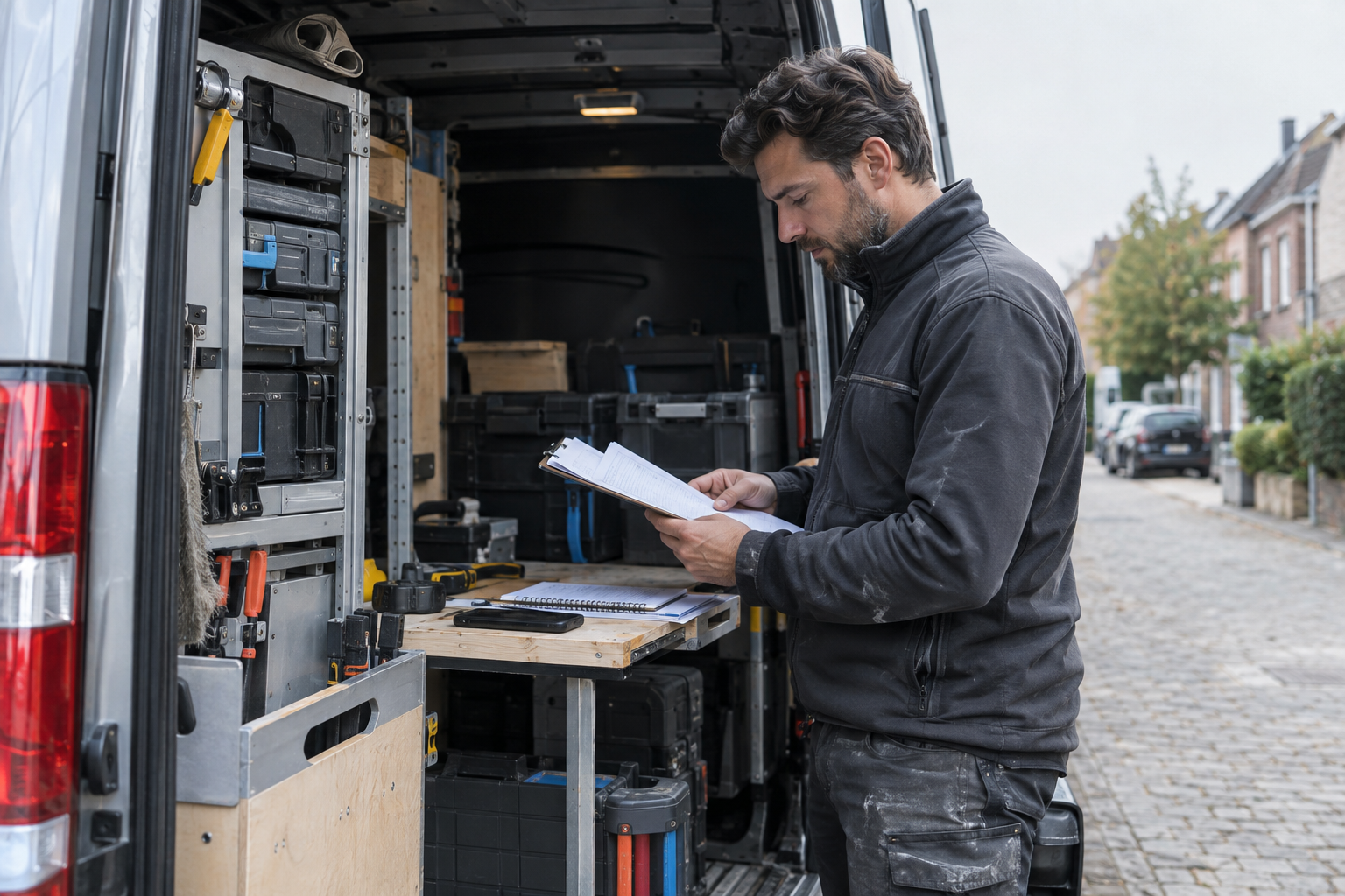 Artisan indépendant préparant sa journée depuis sa camionnette
