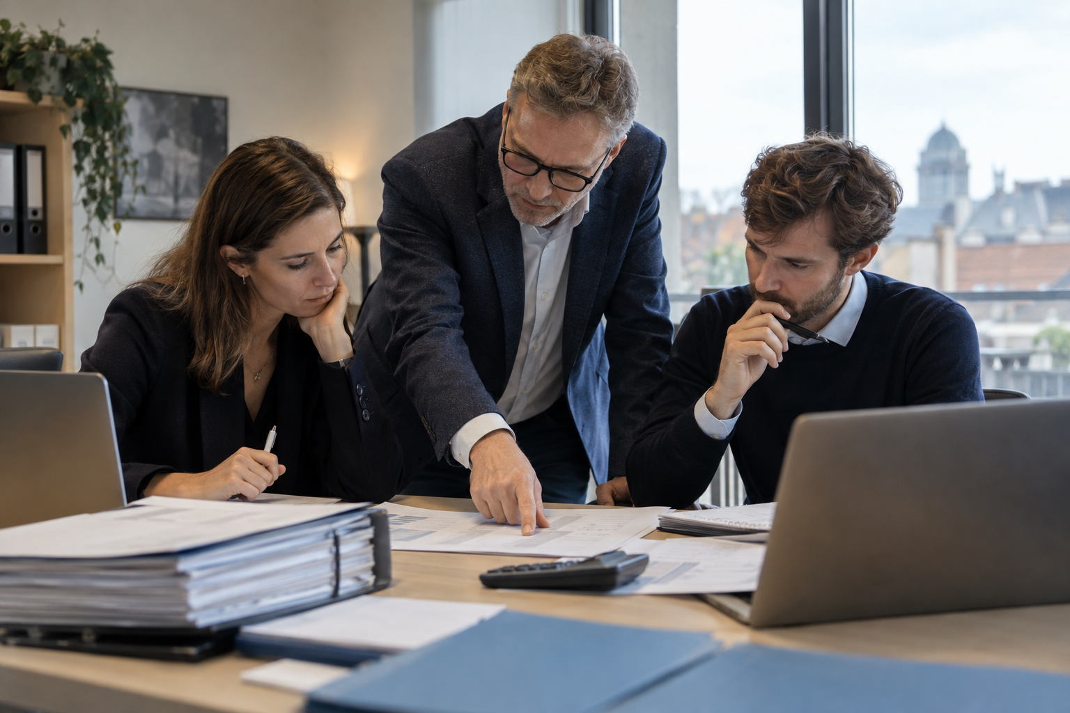 Équipe de cabinet comptable en réunion autour d’un dossier
