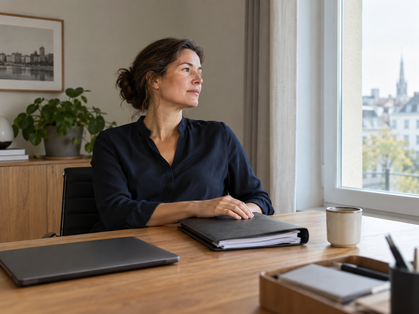 Professionnelle après la revue d’un dossier, dans un bureau lumineux
